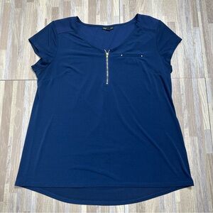Roz & Ali Dark Navy Blue Short Sleeve Top with Gold Zipper Women’s Large